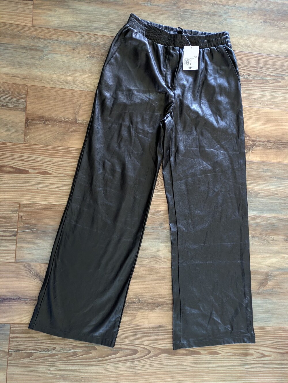 Forever 21 Black Faux Leather Wide Leg High Rise Pocketed Pull On Pants Large